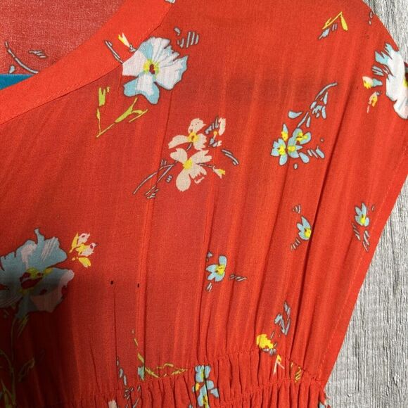Free People Button Up Dress Red Color Floral Print Smocked Waist Sleeveless Sz L - Picture 11 of 11
